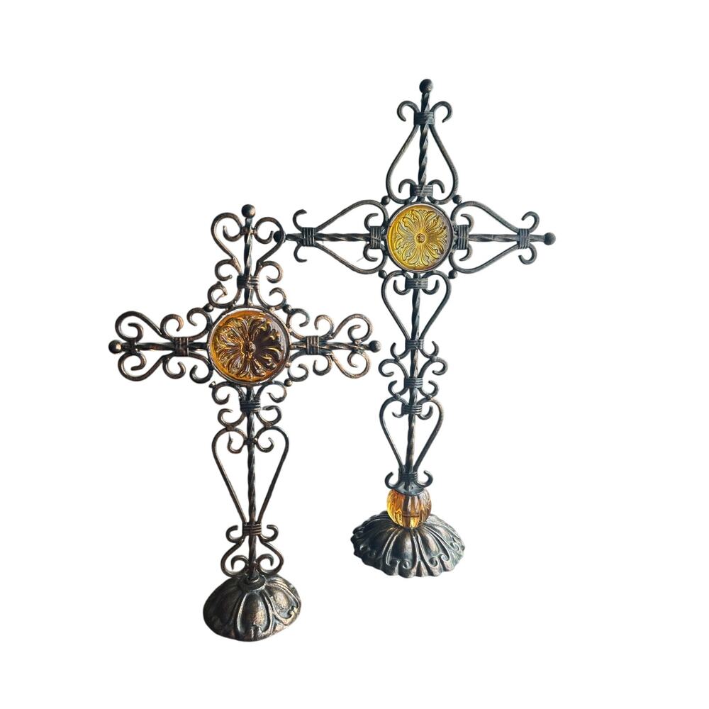 2 Vintage Estate Black Metal & Acrylic Amber Cross Free Standing With Metal Base